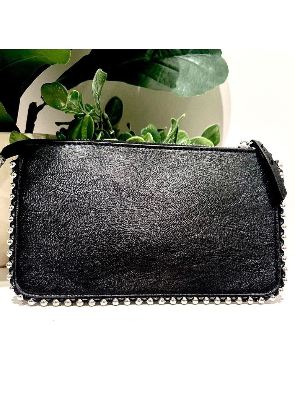 Black Vegan Leather Clutch Crossbody Silver Studded Removable Strap NWT